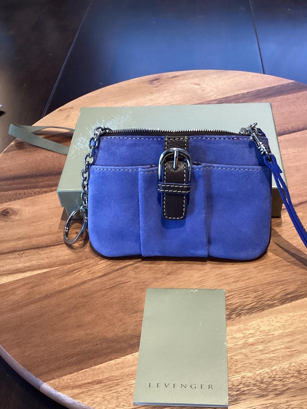 Levenger Royal Blue Purple Suede Wristlet with Black Leather Trim NWOTs